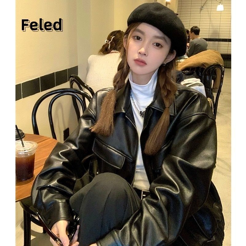Feira Denton American retro black high-end motorcycle short leather jacket for men and women spring and autumn new trendy jacket