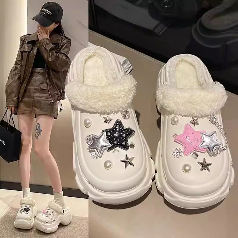 Y2K sweet cool thick-soled clogs women's autumn and winter 2023 new heightening outer wear non-slip plus velvet warm cotton slippers