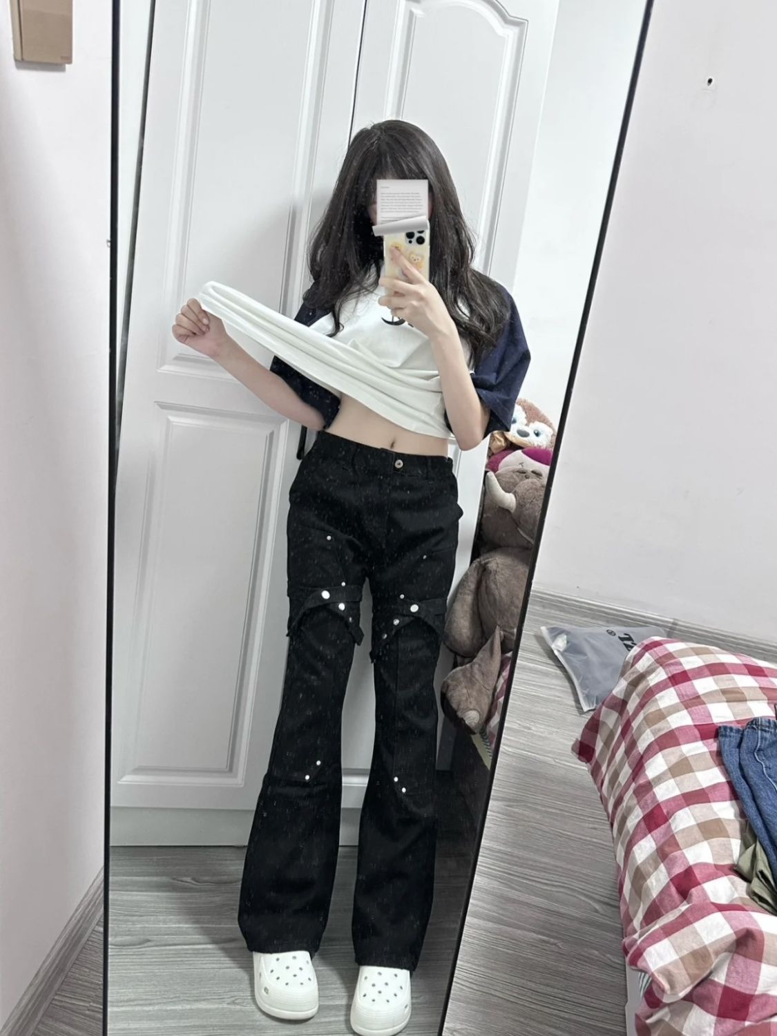 高街潮牌綁帶微喇叭牛仔褲女美式復古vibe風寬鬆直筒休閒拖地長褲