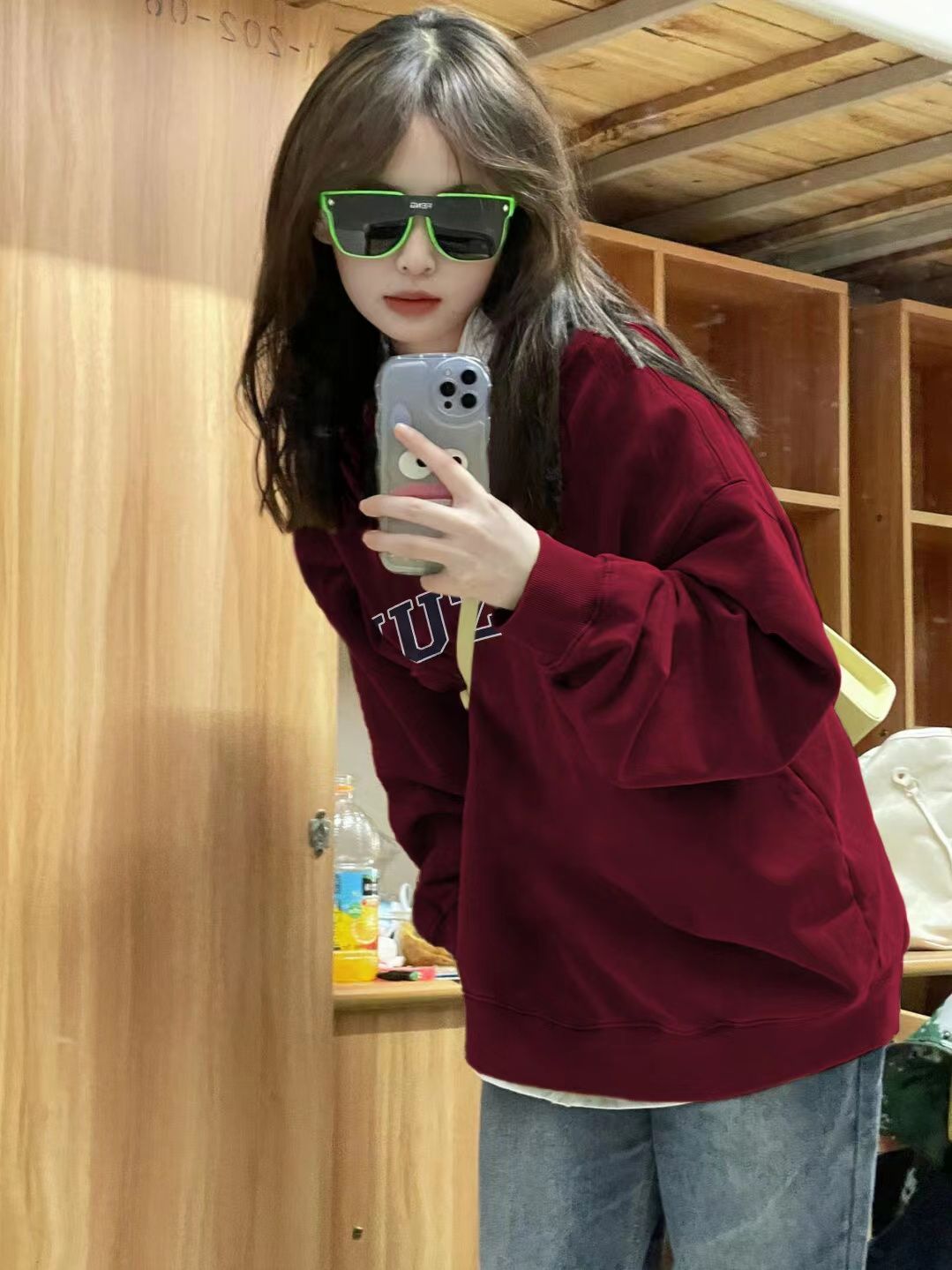 2023春秋冬新款酒紅色圓領加絨衛衣女寬鬆ins設計感套頭上衣長袖