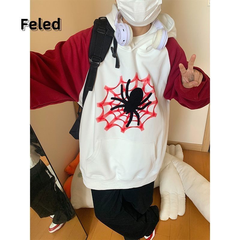 飛拉丹頓美式高街連帽衛衣男女寬鬆秋冬印花拼色寬鬆顯瘦百搭上衣