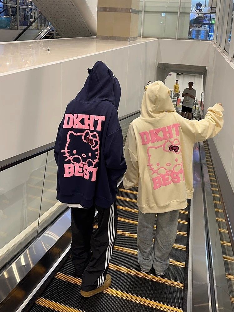 National trendy American cartoon Hello Kitty cardigan zipper hooded sweatshirt for men and women autumn and winter new heavy cotton jacket trend