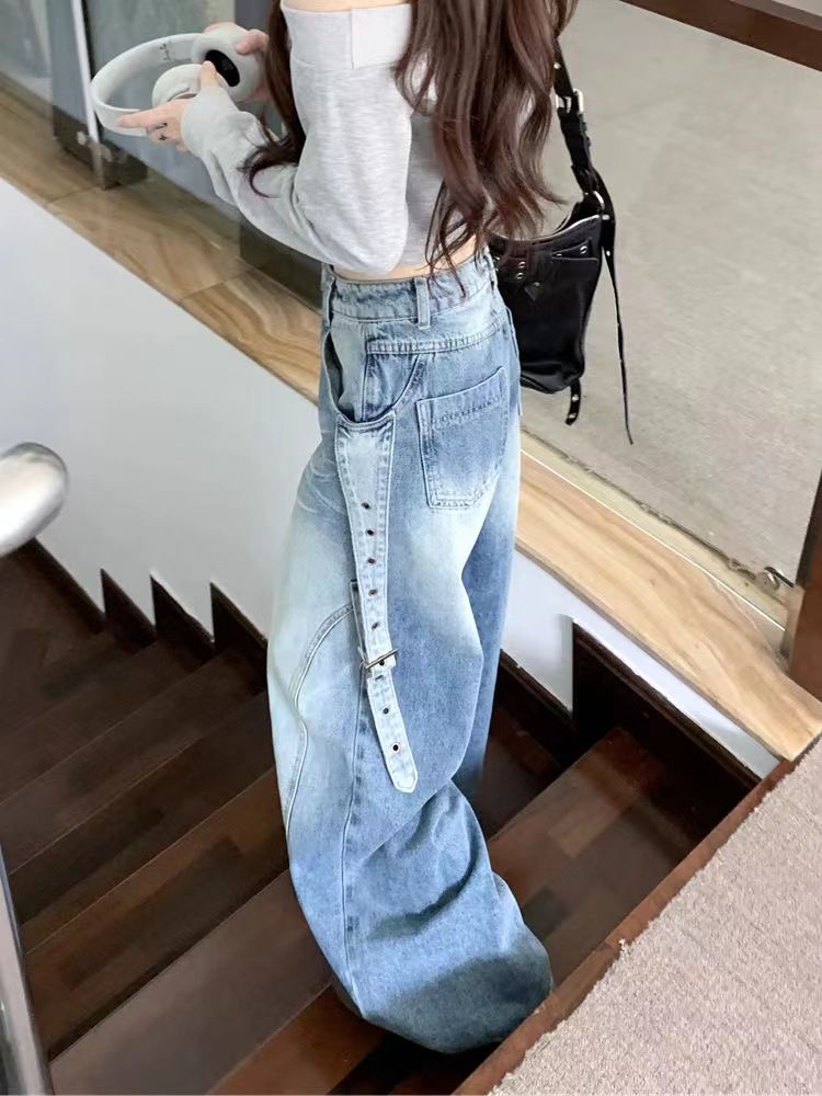 美式復古闊腿牛仔褲女秋季新款高街設計感寬鬆垂感高腰顯瘦直筒褲