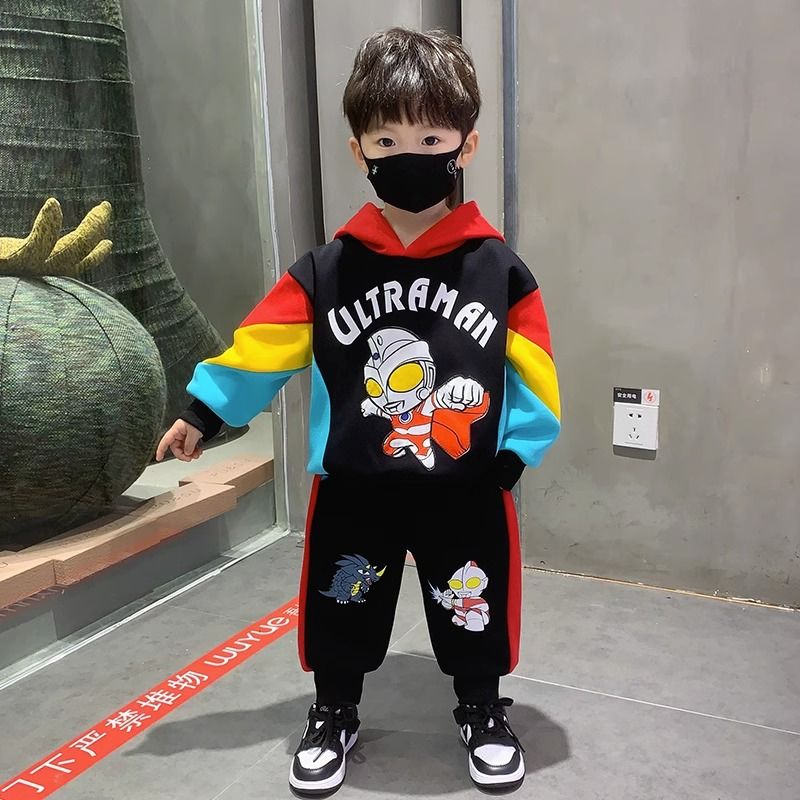 奧特曼衣服男童加絨套裝2023新款洋氣兒童寶寶秋冬裝炸街加厚童裝