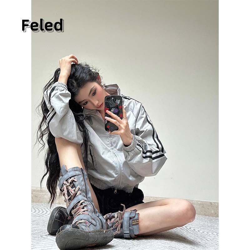 Feila Denton American Retro Hot Girl Stand Collar Sports Short Jacket Men and Women Niche Slim Autumn Silver Gray Versatile Jacket