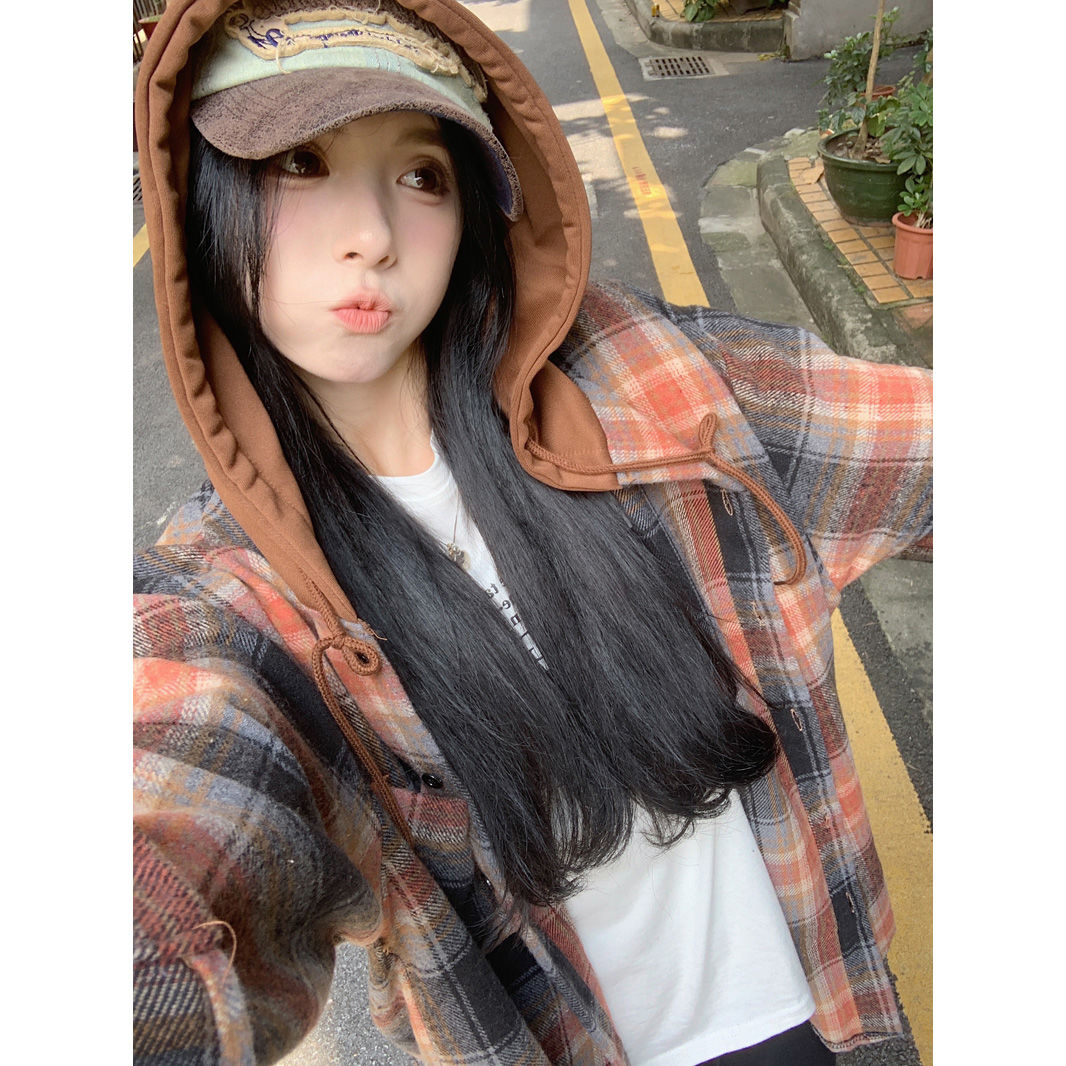韩版复古连帽格子长袖衬衫外套女秋季新款休闲宽松设计感上衣