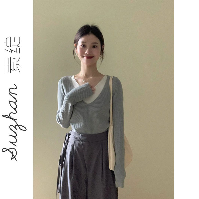 法式新款設計感小眾顯瘦打底上衣女早秋純色螺紋假兩件V領針織衫