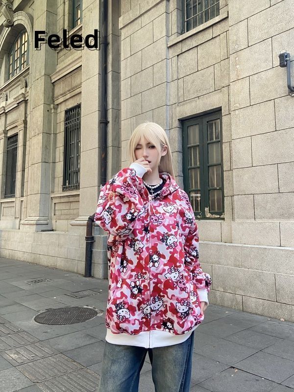 Feila Denton's national trendy American street style camouflage cat print hooded sweatshirt for men and women, versatile couple jacket