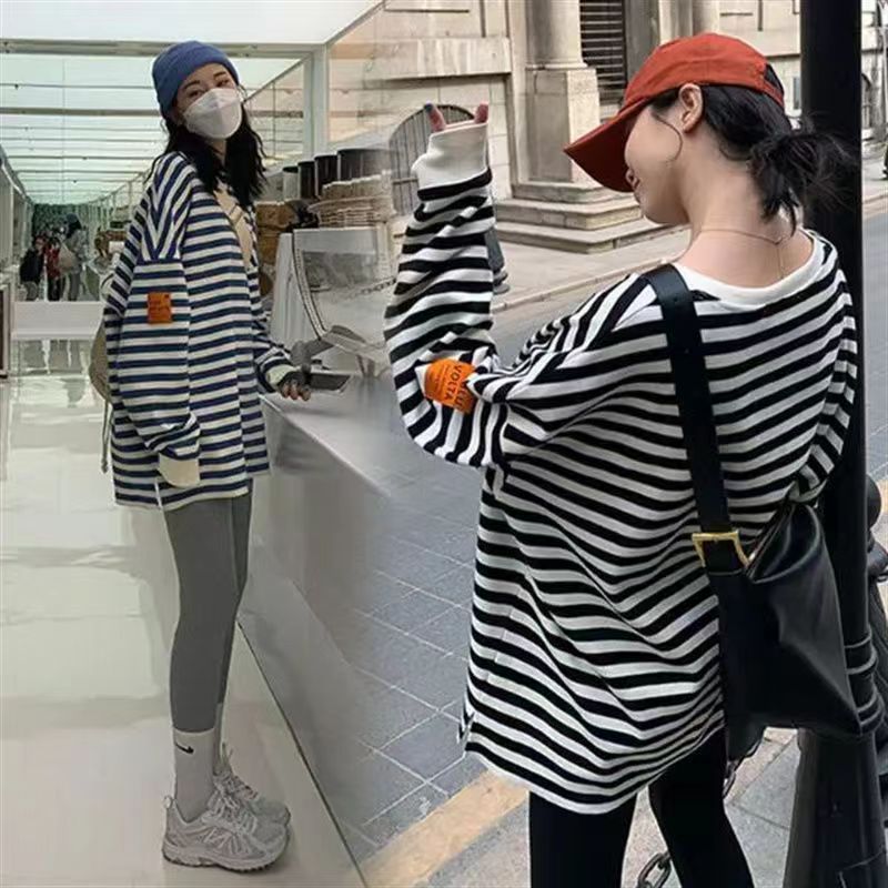 胖mm大碼女裝條紋衛衣薄款新款寬鬆遮屁股時尚中長款孕婦秋季上衣