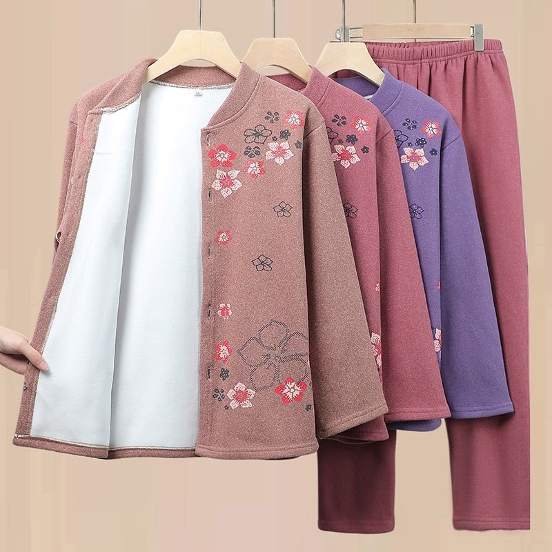 老年人秋冬加絨加厚保暖內衣套裝女奶奶老太太開衫衣服加絨兩件套