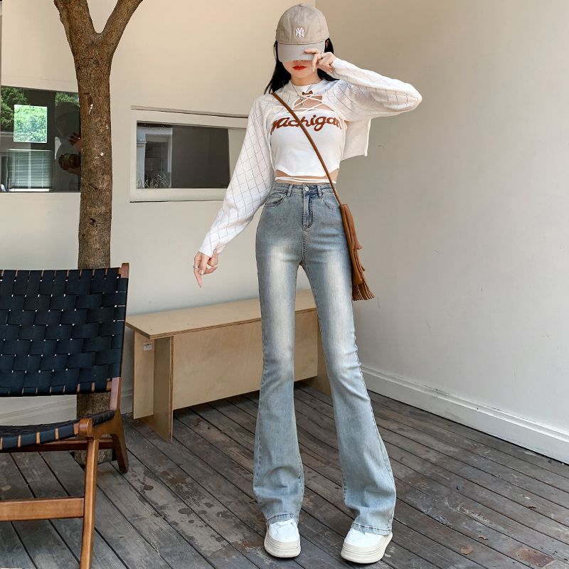 美式微喇叭牛仔褲女高腰顯瘦修身彈力馬蹄褲新款百搭潮ins小個子