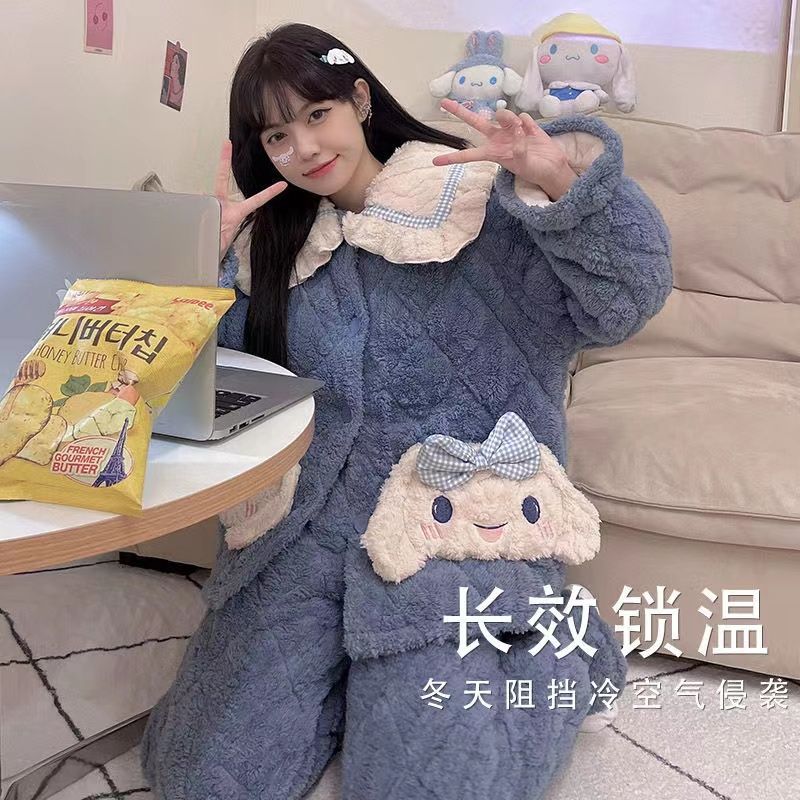 珊瑚绒三层夹棉加绒加厚棉袄睡衣女冬天款甜美可爱学生家居服套装