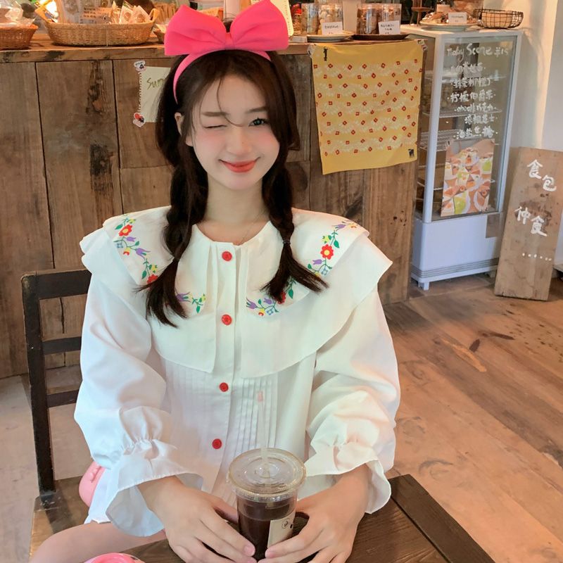 甜美可愛花朵娃娃領白色襯衫女2023秋新款設計感小眾寬鬆長袖襯衣