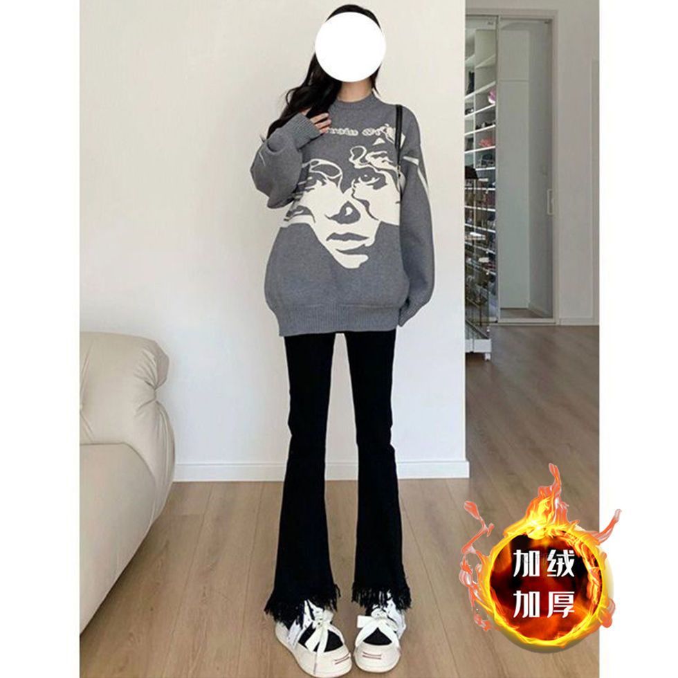 秋冬季加絨流蘇微喇叭牛仔褲女修身顯瘦拖地長褲毛邊歐美風高腰
