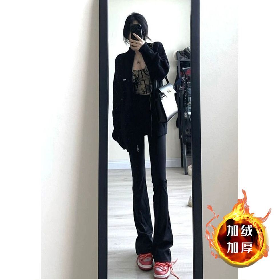 美式復古垂感馬蹄褲女秋冬高腰顯瘦高個子加絨拖地微喇叭牛仔褲子