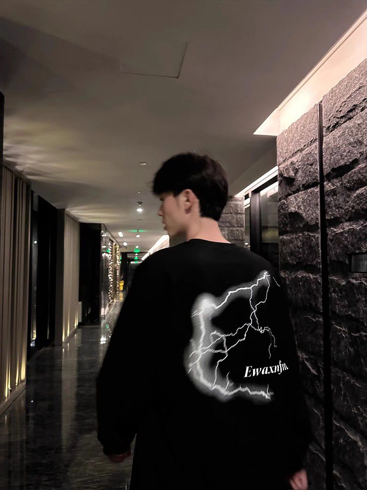 美式重磅純棉秋季閃電印花長袖t恤男oversize圓領打底衫潮牌上衣