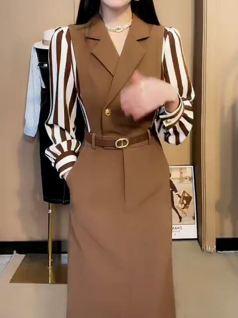 美拉德氣質高檔法式輕奢超仙假兩件條紋拼接連衣裙女2023秋冬新款