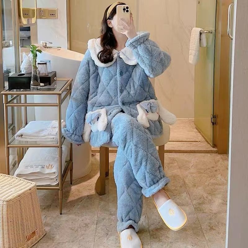 睡衣女冬季珊瑚絨三層加厚加絨夾棉秋冬法蘭絨可愛外穿家居服套裝