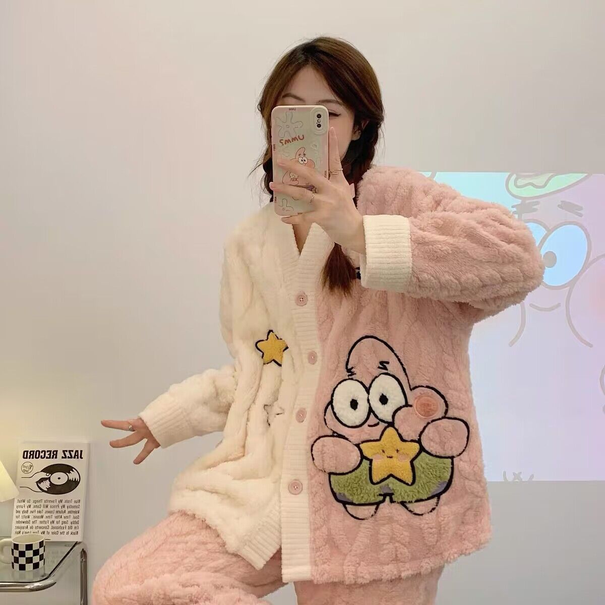 秋冬季新款珊瑚絨睡衣女派大星法蘭絨加絨加厚甜美學生家居服套裝