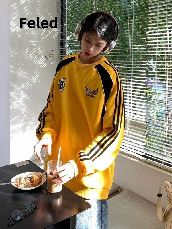 飛拉丹頓美式衛衣oversize秋季男女高級感三條槓撞色寬鬆情侶上衣