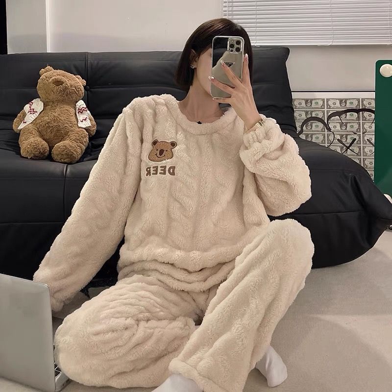 珊瑚絨睡衣女秋冬季加厚加絨學生可愛2023年新款法蘭絨家居服套裝