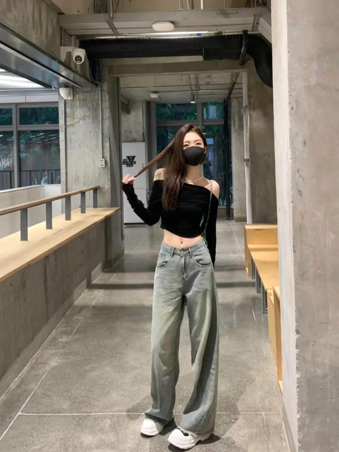做舊復古褲腳毛邊水洗闊腿牛仔褲女高腰寬鬆顯瘦百搭垂感直筒褲子