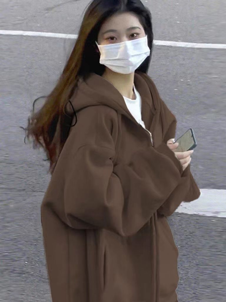 Autumn Maillard wear coffee brown hooded sweatshirt oversize loose lazy style zipper into autumn jacket