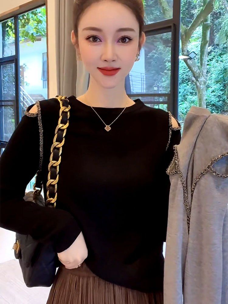 藍海奕諾2023秋新款釘珠露肩毛衣針織衫女顯瘦洋氣減齡長袖上衣潮