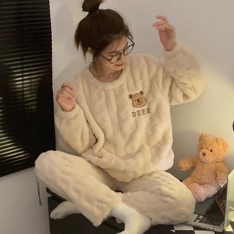 珊瑚絨睡衣女秋冬季加厚加絨學生可愛2023年新款法蘭絨家居服套裝