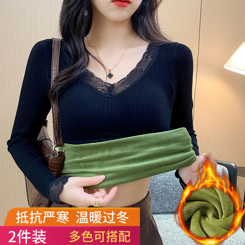 保暖上衣女加絨加厚秋冬季帶胸墊修身打底衫內搭長袖打底衫發熱衣