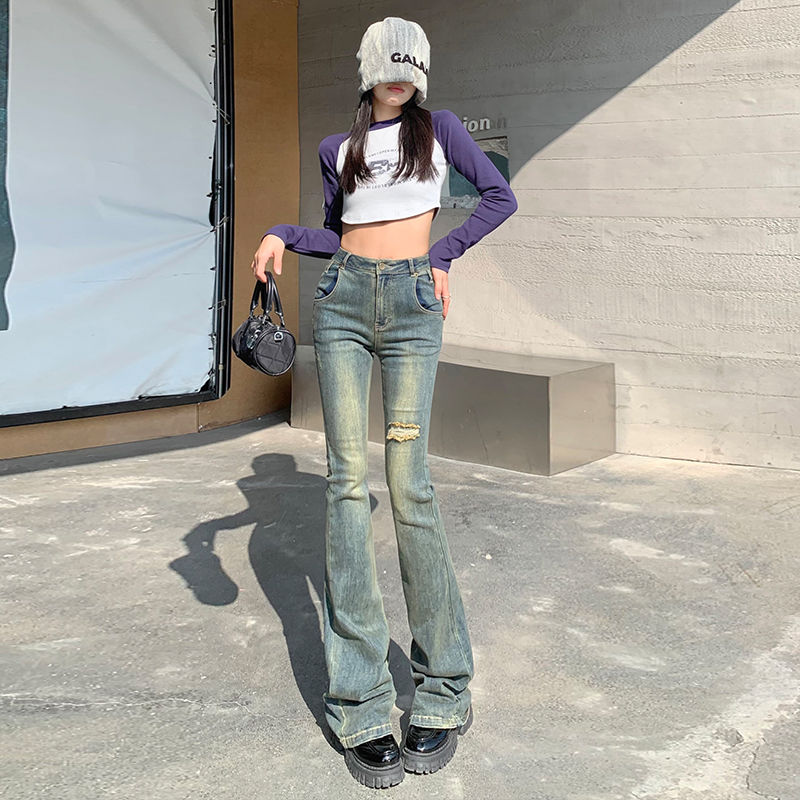 美式高街2023年新款喇叭牛仔褲女高腰復古辣妹修身顯瘦彈力破洞褲