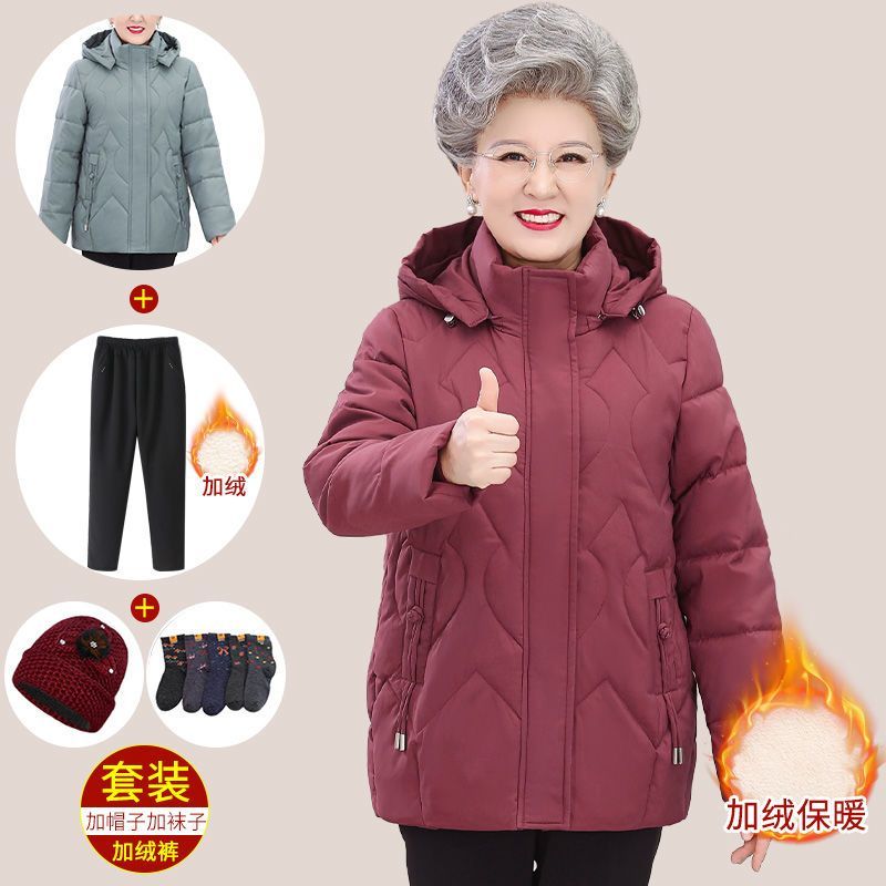 中老年人女媽媽外套奶奶冬裝棉襖加厚棉衣老太太加絨保暖羽絨棉服