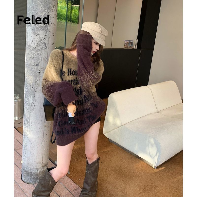飛拉丹頓美拉德美式復古風針織衫男女慵懶風漸變字母寬鬆休閒圓領
