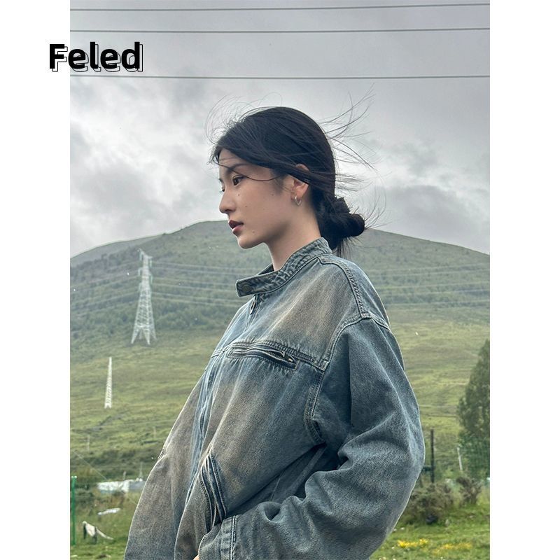 Feira Denton Maillard's new American retro washed distressed denim jacket jacket for men and women loose trendy tops