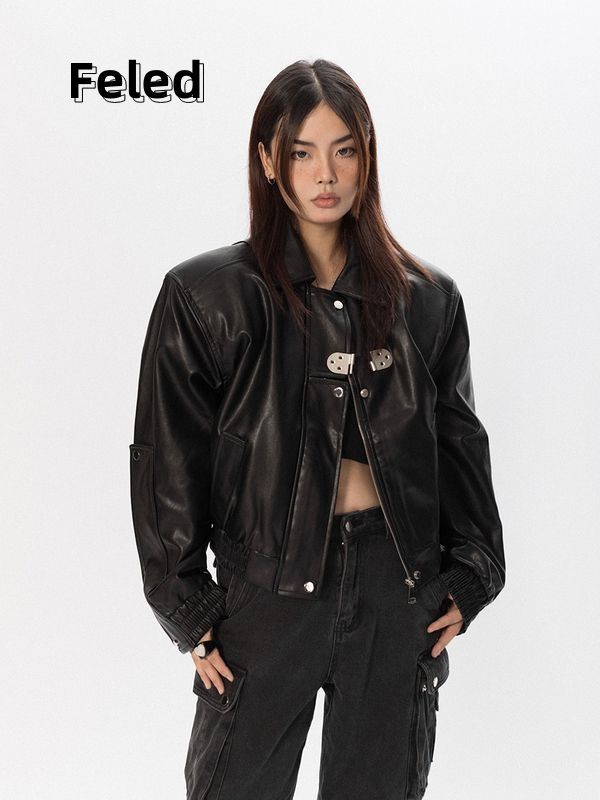 Feira Denton's high-end niche fashion design short leather jackets for men and women metal buckle personalized trendy tops
