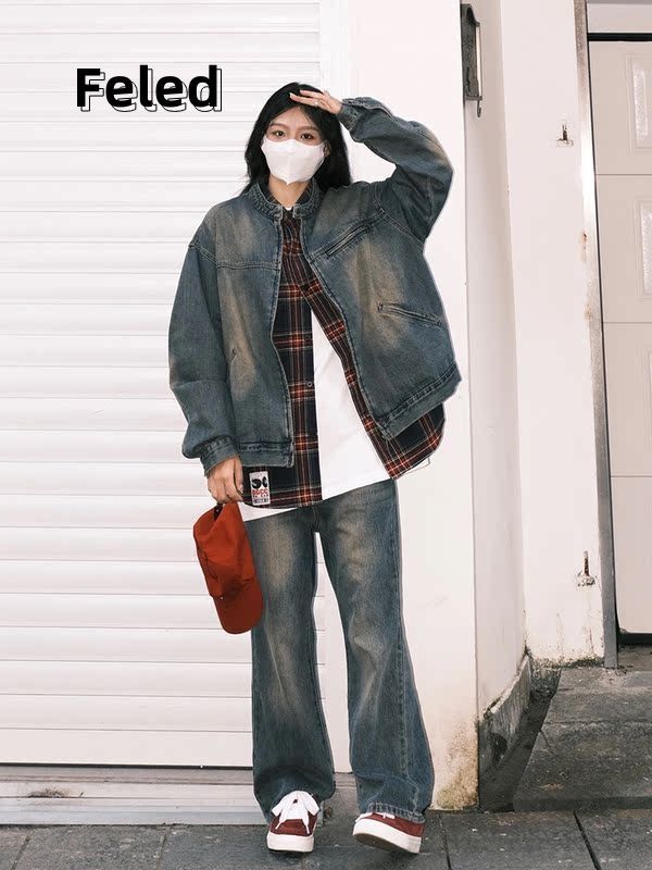 Feila Denton American retro washed distressed denim jacket jacket for men and women loose versatile cardigan casual top