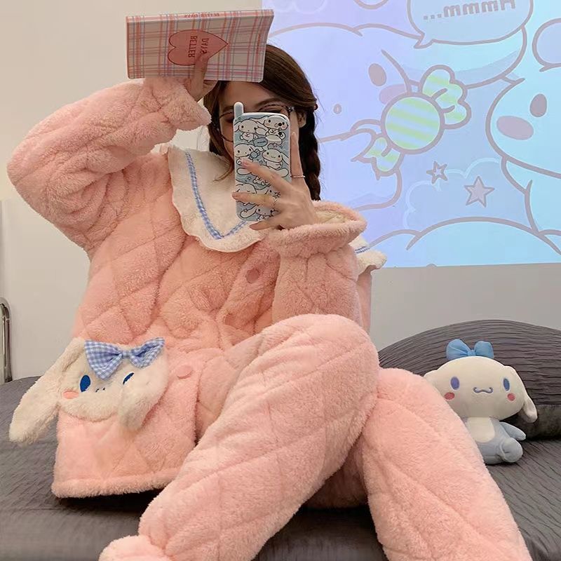 Big-eared dog thickened pajamas women's winter three-layer coral velvet quilted thickened home wear flannel suit