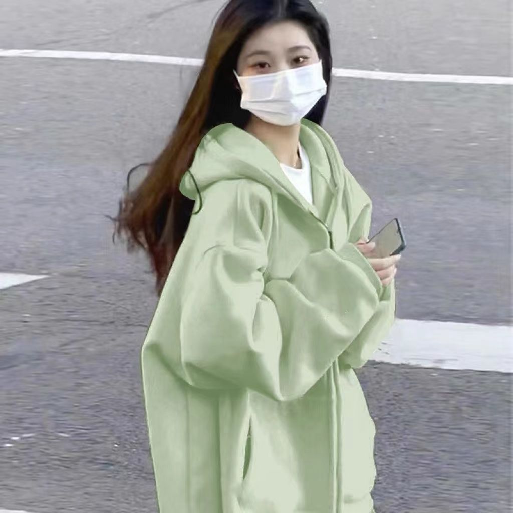 Spring and autumn light green hooded sweatshirt, oversize loose drape, lazy autumn style coat, long-sleeved top