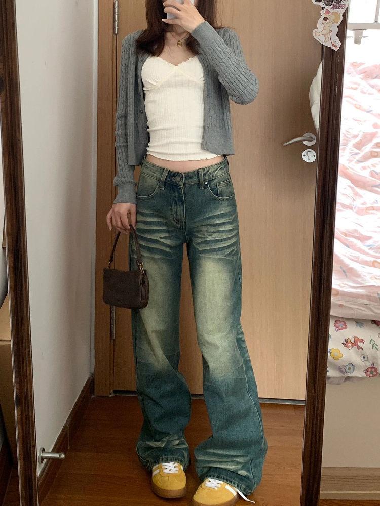 美式復古低腰牛仔褲女秋季新款高腰寬鬆闊腿顯瘦百搭直筒拖地褲子