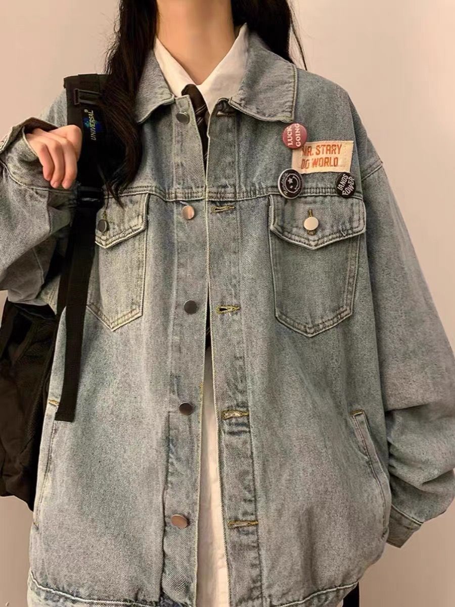 Plus size fat girl American retro denim jacket women's spring and autumn loose design badge couple work jacket