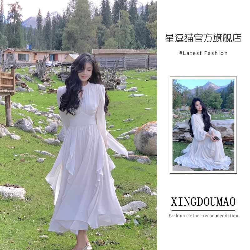 Stand collar dress  autumn and winter new style fragile beauty gentle wind chiffon ruffled skirt white long skirt