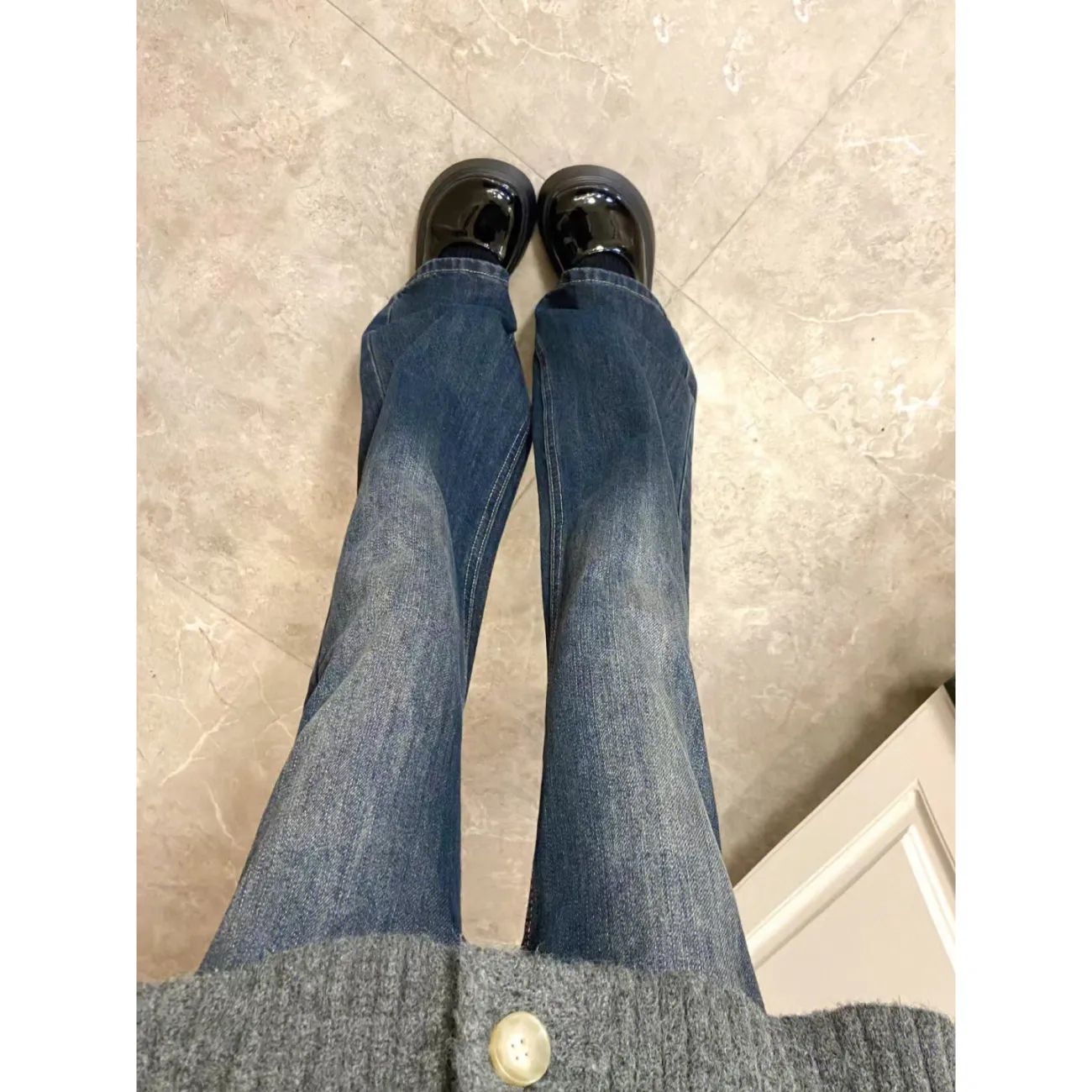 美式高街復古直筒微喇叭牛仔褲女春季高腰寬鬆顯瘦垂感拖地闊腿褲