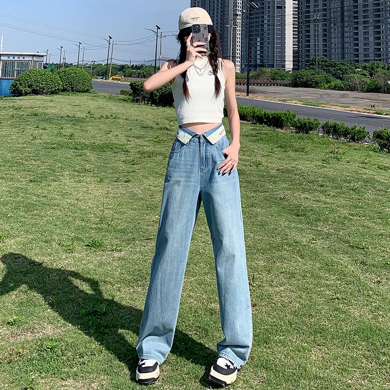 美式闊腿牛仔褲女夏季小個子窄版水洗寬鬆顯瘦直筒拖地低腰褲子