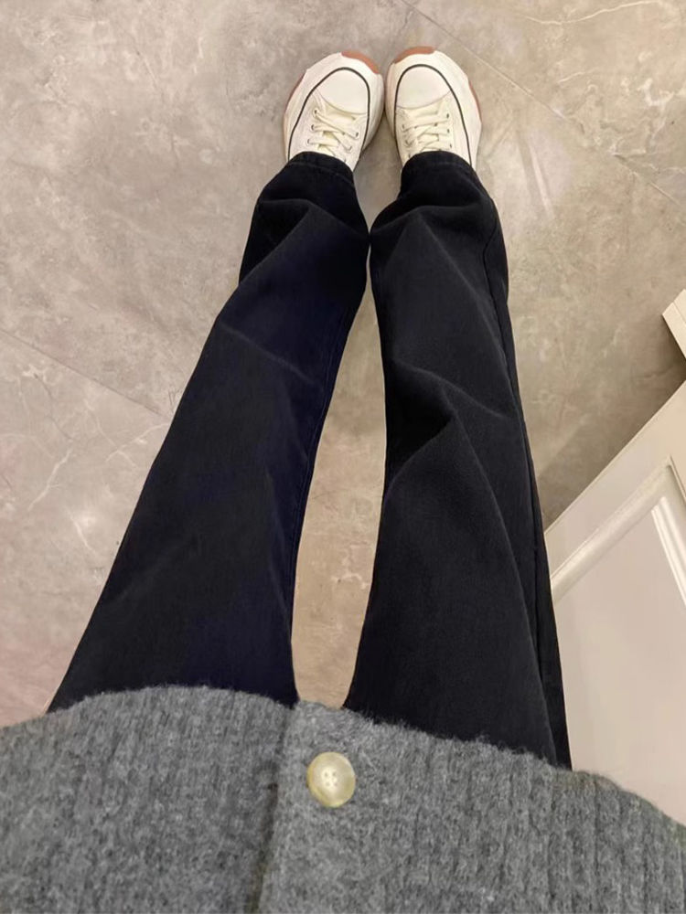 黑色窄版直筒牛仔褲女2023秋季新款高腰修身闊腿顯瘦百搭煙管褲子