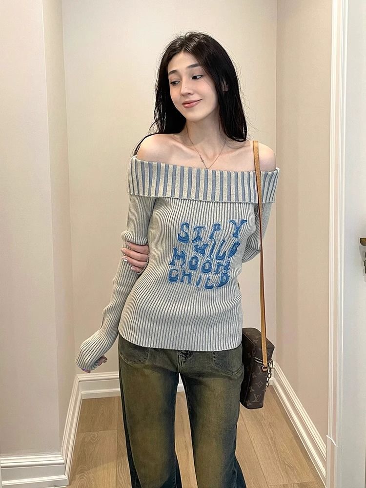 一字肩毛衣女秋季高級感純欲修身長袖針織衫慵懶風y2k辣妹上衣ins