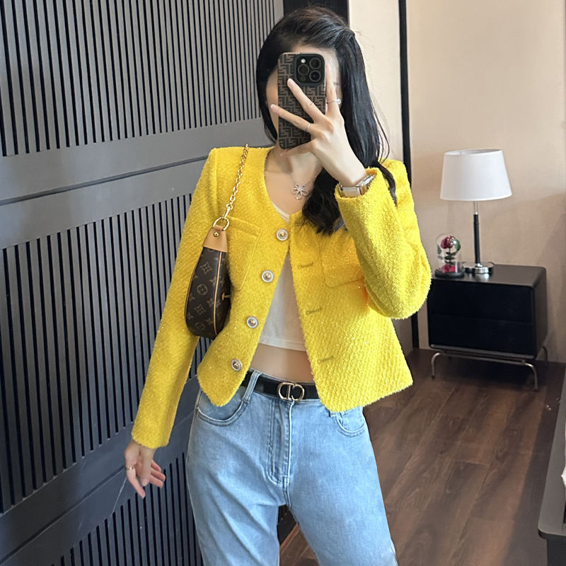 French style small fragrant jacket for women 2023 new popular yellow short style unique super good-looking temperament high-end suit