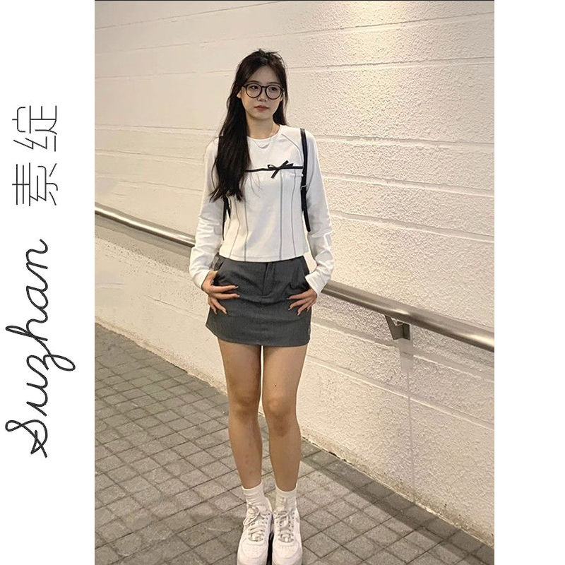 韓版新款修身顯瘦明線裝飾蝴蝶打底衫上衣女早秋小眾氣質長袖t恤