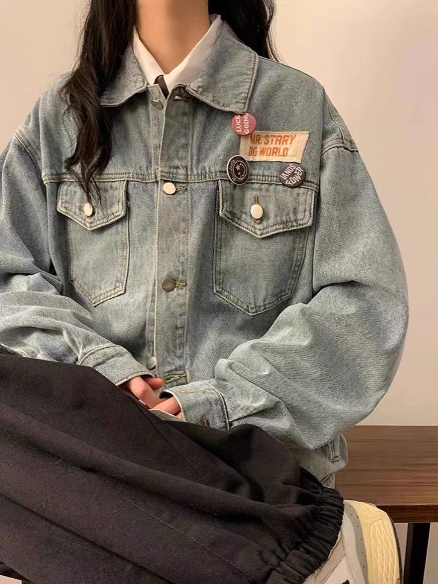 Plus size fat girl American retro denim jacket women's spring and autumn loose design badge couple work jacket