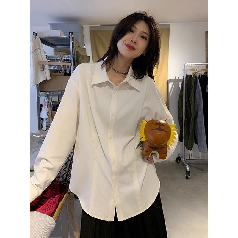 春秋新款設計感壓褶白色襯衫小眾韓版寬鬆慵懶休閒氣質長袖上衣女