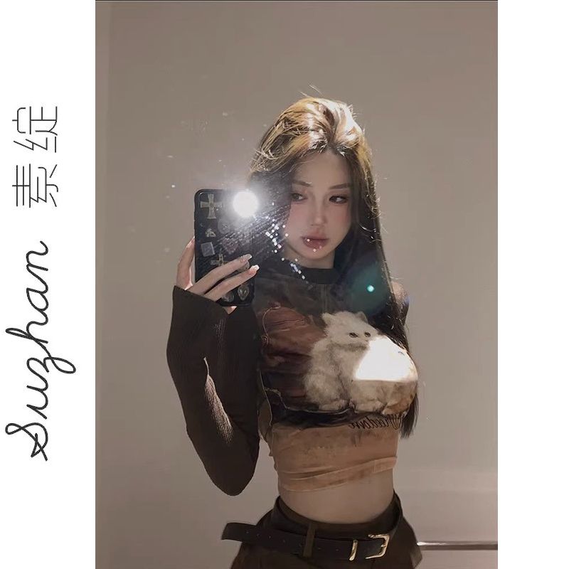 美拉德修身顯瘦圓領長袖上衣女秋冬甜辣妹短款露臍高腰打底衫t恤